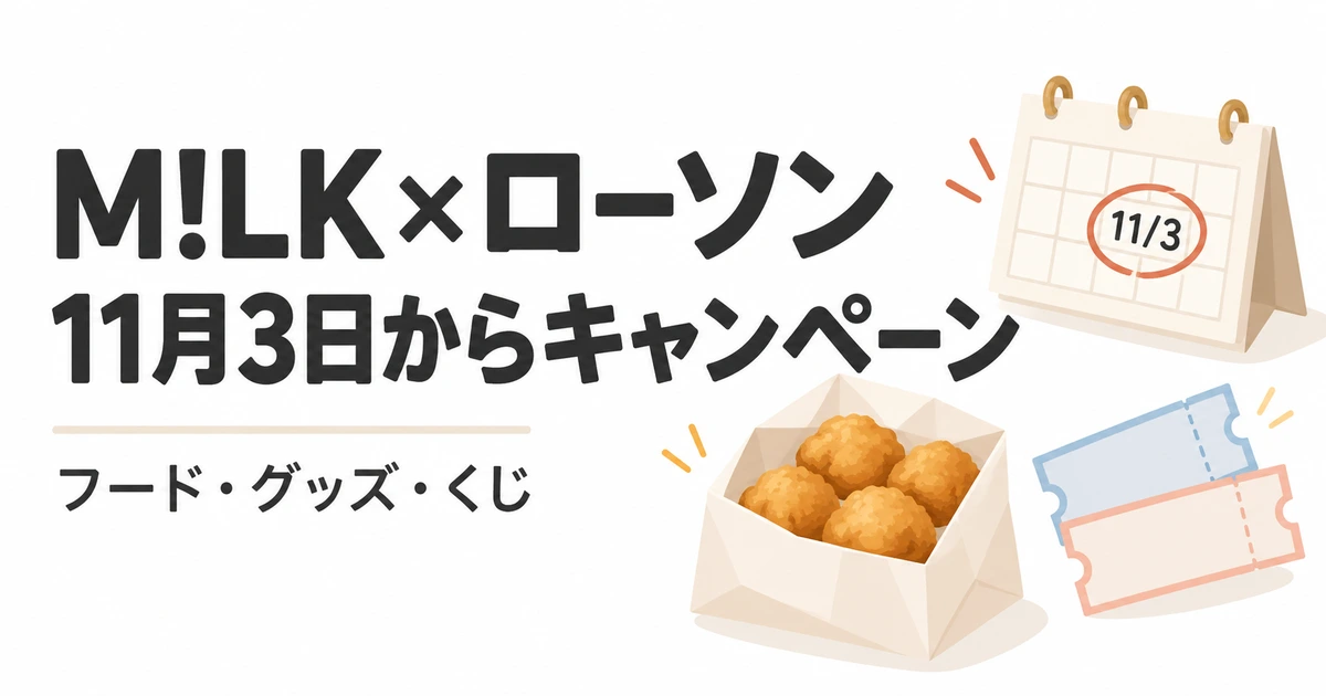 M!LKローソンキャンペーンの開始日とフード・グッズ・くじを紹介するイラスト